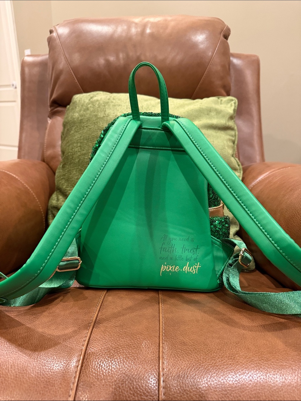 Loungefly Green Sequin Tinker Bell Mini Backpack and Peter Pan Wallet - Picture 5 of 17